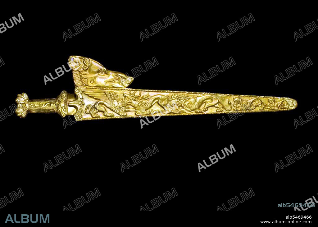 Scythian gold sword and scabbard. The scabbard has a representation of the intertwined beasts and gryphons of the Inner Earth. From Bolschaja Beloserka. Museum of Historic Treasures of Ukraine, Kiev. Image released to the press in 2009. The Scythians were an ancient Iranian people of horse-riding nomadic pastoralists who throughout Classical Antiquity dominated the Pontic-Caspian steppe, known at the time as Scythia. By Late Antiquity the closely-related Sarmatians came to dominate the Scythians in the west.