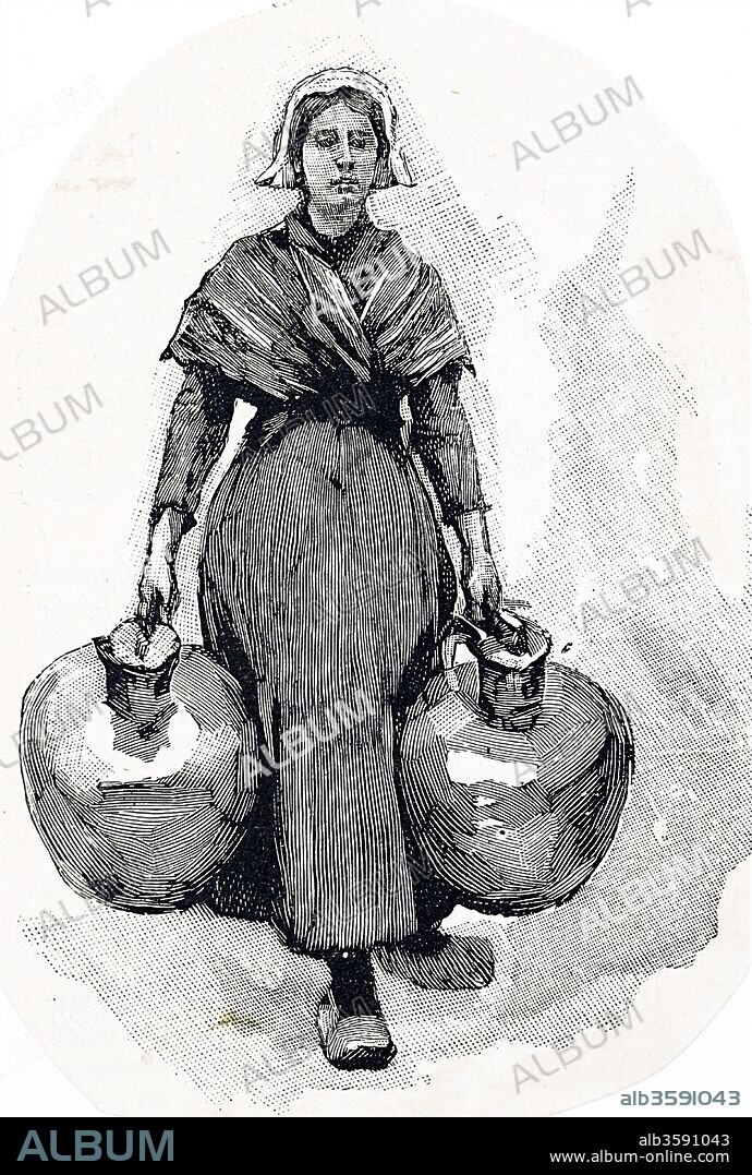 Engraving depicting a Dutch milkmaid. Dated 19th Century.