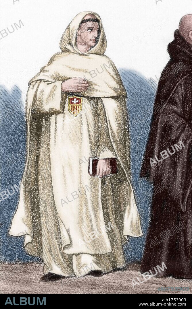 ORDENES RELIGIOSAS DE LA EDAD MEDIA. RELIGIOSO MERCEDARIO, perteneciente a la Real y Militar Orden de la Merced. Grabado coloreado del siglo XIX.