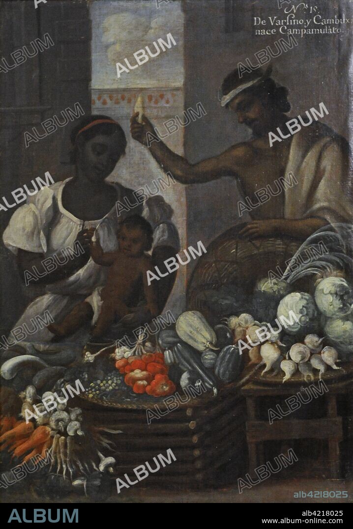 Título: Castas: De barsino y cambuja, campa mulato. Autor: Andrés de Islas (siglo XVIII). Pintura sobre lienzo. Grado de mestizaje entre indígenas, europeos y africanos. Género" Pintura de Castas". Virreinato de la Nueva España. Escuela Mexicana. México. 1774. Museo de América. Madrid. España.