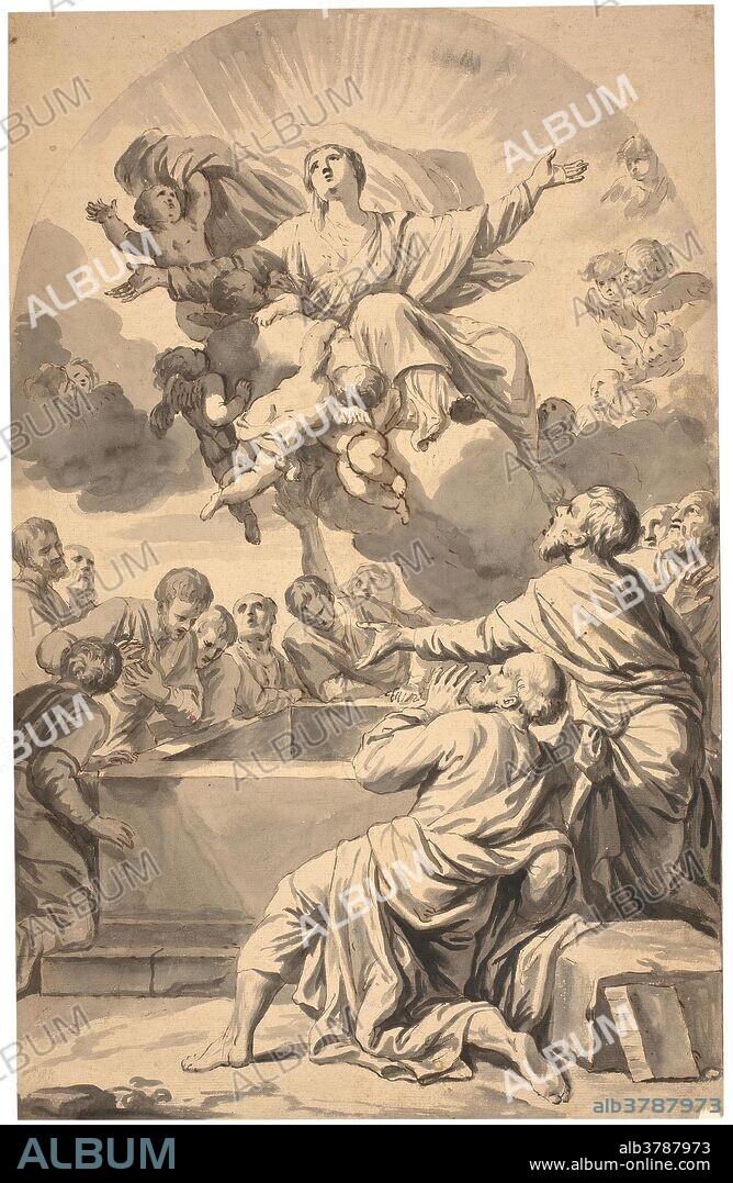 THADDËUS KUNTZ. Thaddëus Kuntz / 'Asunción de la Virgen'. Mediados del siglo XVIII. Aguada agrisada, Pluma, Tinta parda sobre papel agarbanzado, 402 x 258 mm.