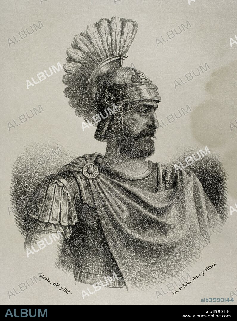 Lucius Marcius Septimus. Roman soldier, 3rd century BC (Republican era) who participated in the Second Punic War in Hispania. Drawing by Llanta (fl.1866-1872). Lithography. Cronica General de Espa–a, Historia Ilustrada y Descriptiva de sus Provincias. Catalonia. 1866.