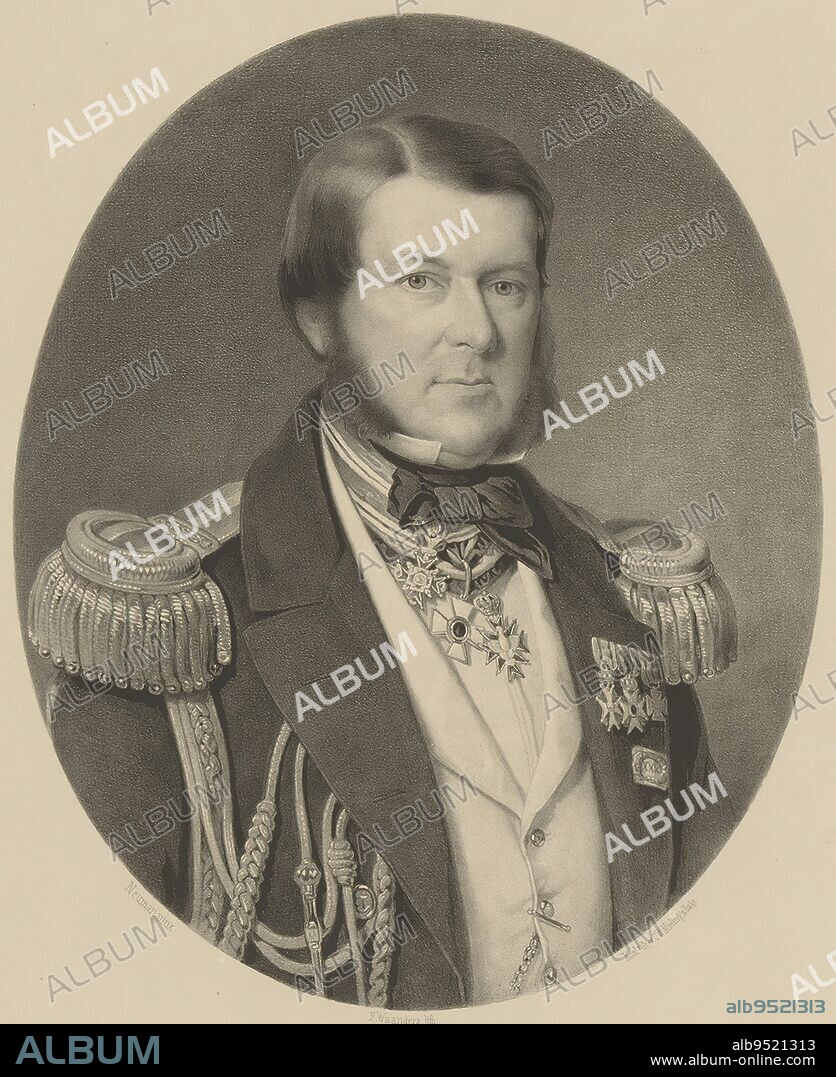 Portrait of Job Seaburne May, print maker: Franciscus Bernardus Waanders, (mentioned on object), after: Johan Heinrich Neuman, (mentioned on object), printer: Koninklijke Nederlandse Steendrukkerij van C.W. Mieling, (mentioned on object), The Hague, 1847 - 1865, paper, h 544 mm - w 385 mm.