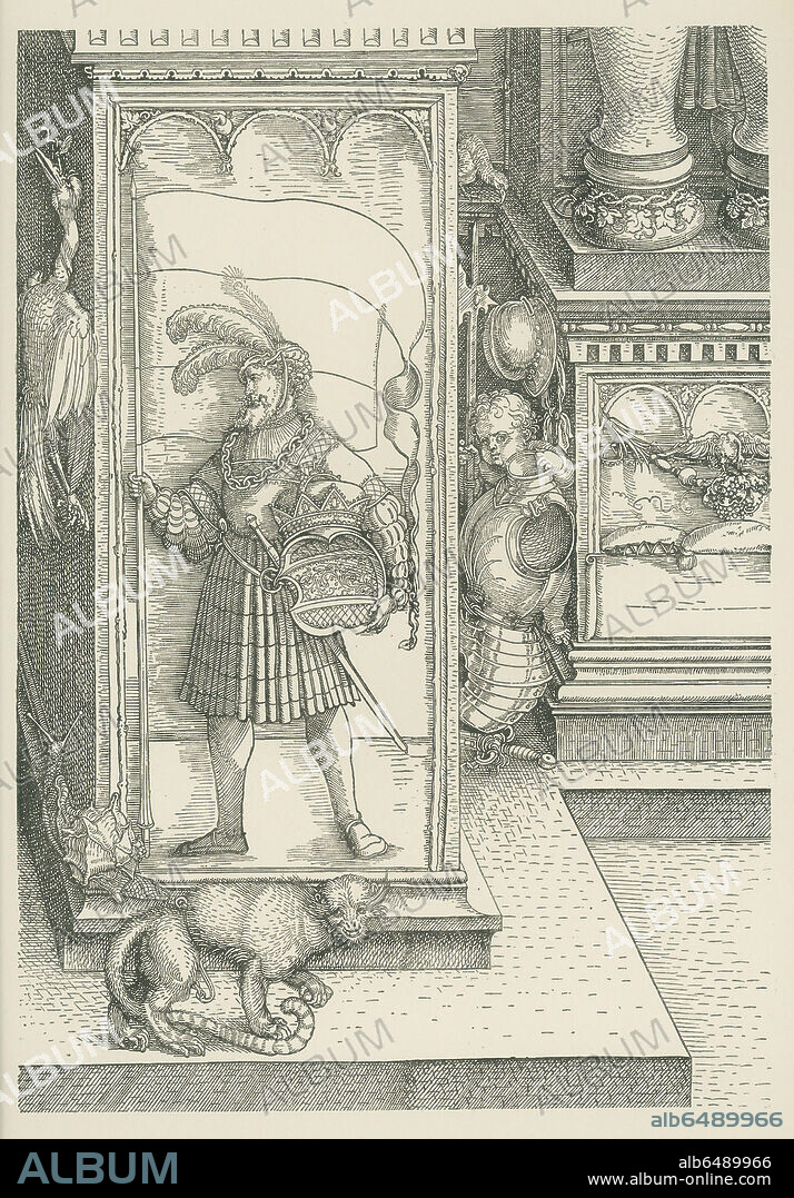 ALBRECHT DÜRER. Triumphal Arch ('Ehrenpforte') for Emperor Maximilian I. Dated 1515. Detail of 33-02-02/65. Woodcut. 
 
Pedestral of the right hand middle column.