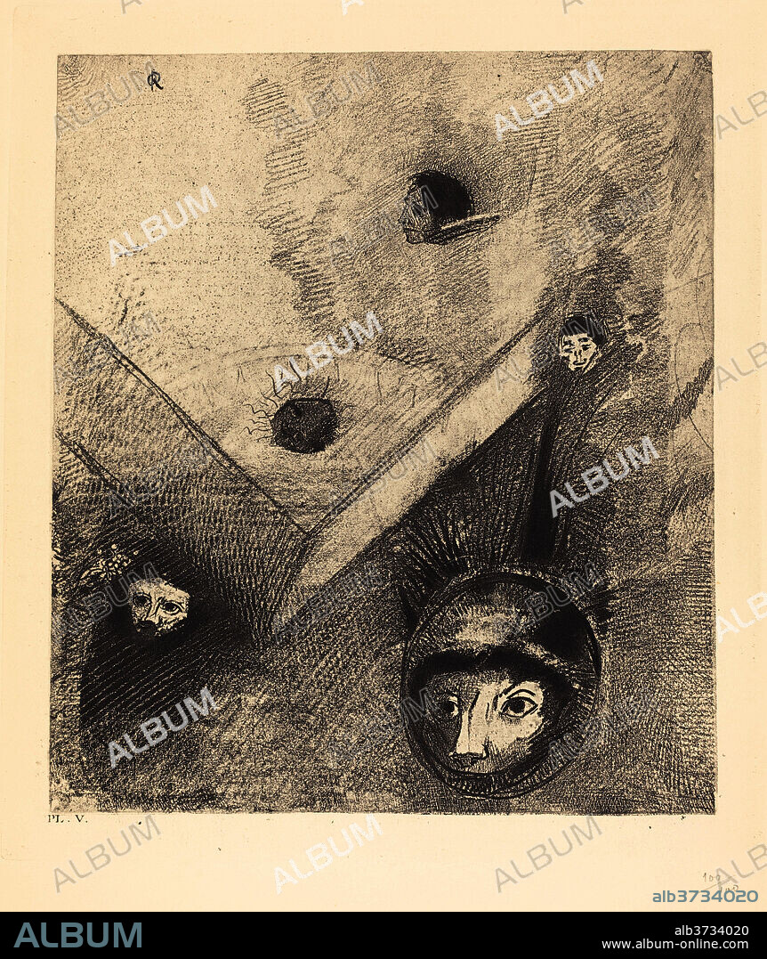 ODILON REDON. Sur le fond de nos nuits dieu de son doigt savant dessine un cauchemar multiforme et sans treve (On backdrop of our nights God with His knowing finger traces a multiform implacable nightmare). Dated: 1890. Medium: lithograph.