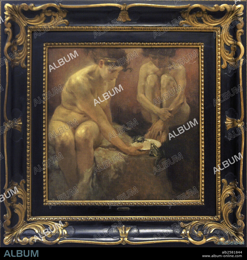 ALPHONSE MUCHA. ARTE SIGLO XX. ALFONS MUCHA (1860-1939). Pintor y artista decorativo checo, de estilo Art Nouveau. "Desnudos Femeninos y ranas",1890. Oleo sobre lienzo. Galería Nacional de Praga. República Checa.