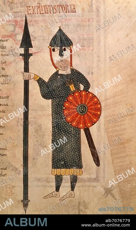 Illumination, Spain, Mozarabic, 1109. Visigothic foot soldier with helmet, mail shirt and spear. Illustration for Apocalypse commentary of Beatus de Liebana. From the Apocalypse of Silos from the Santo Domingo de Silos monastery. On parchment, 38 × 25 cm. Ms. Add. 11695, pl. 194. London, British Library.