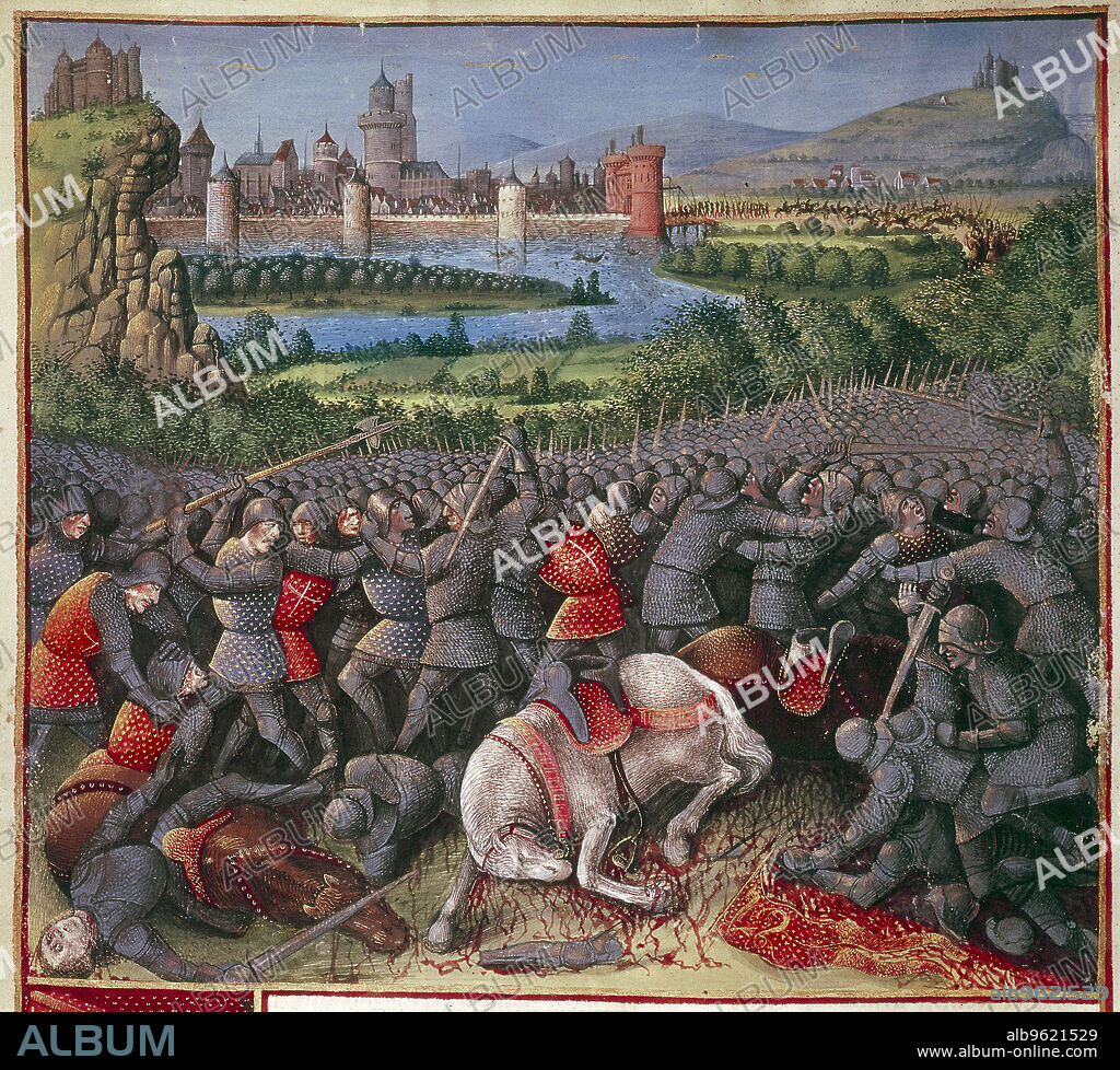 SEBASTIAN MARMORET FRENCH. Battle during First Crusade (People's Crusade), 1096-1099, (c1490). Foreground: mounted knights unhorsed and killed. Centre: melee of hand-to-hand fighting with, on left, man wielding two-sided battleaxe or bipennis. Right background: reinforcements streaming out of city gates. Peter The Hermit (c1050-c1115) was popularly credited with instigating first crusade but his role was not as significant as medieval historians claimed. Detail from Passages fait Outremer.