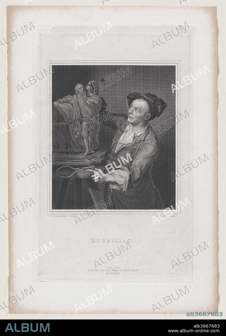 Roubiliac with the Model for Garrick's Shakespeare (Walpole's "Anecdotes of Painting in England," vol. 4). Artist: After Adrien Carpantiers (British, active 1739-78). Dimensions: Plate: 8 1/16 × 5 1/16 in. (20.5 × 12.8 cm)
Sheet: 9 3/4 × 6 5/8 in. (24.7 × 16.8 cm). Engraver: James William Cook (British, active 1819-62). Sitter: Louis François Roubiliac (British (born France), Lyons 1695/1702-1762 London). Date: 1827.
The leading French-born sculptor Roubiliac worked in London from 1730 and here models Shakespeare in clay. The engraving is based on a lively painting by Carpantiers (National Portrait Gallery, London and Yale Center for British Art), and versions of the model are preserved at the Victoria and Albert Museum and Folger Shakespeare, Library. In 1758, a related life-size marble was installed in David Garrick's Temple to Shakespeare at Hampton on the Thames near Twickenham, later given to the British Museum, and is now installed at the British Library. Shakespeare's pose is both thoughtful and dynamic, his sturdy desk indicates the lasting character of his writings, while the swirling cloak and arrested gesture convey creative genius.
