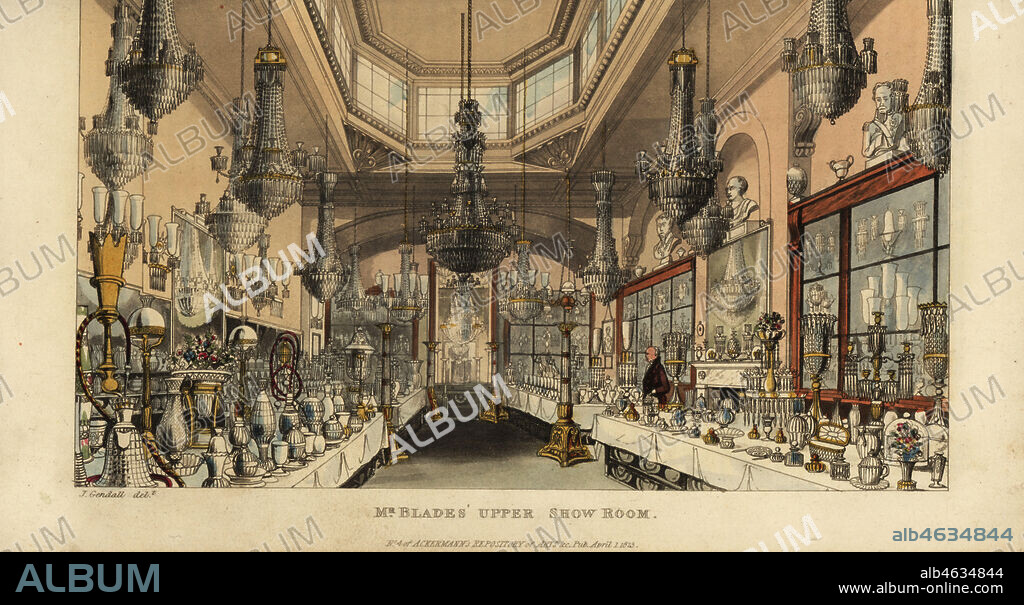 John Blades upper showroom of ornamental glass and chandeliers, Ludgate Hill, London. Crystal and cut glass manufacturer. Handcoloured copperplate engraving after an illustration by John Gendall from Rudolph Ackermanns Repository of Arts, London, 1823.
