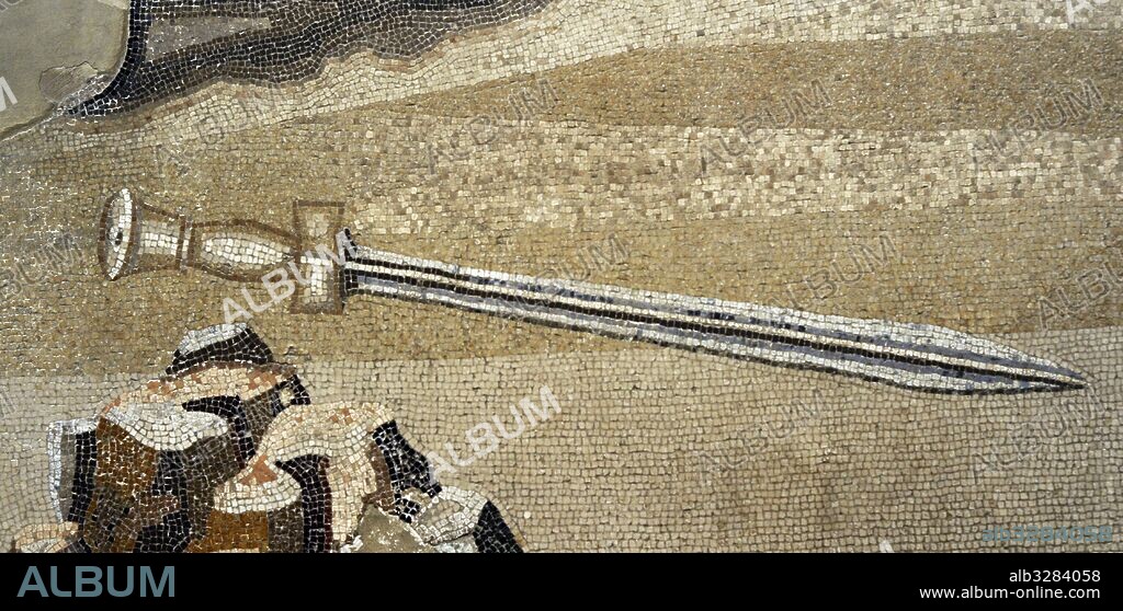 "BATALLA DE ISOS". Enfrentamiento entre ALEJANDRO MAGNO y el rey persa DARIO III en el año 333 a. C. GUERRAS MEDICAS. Detalle de una espada. Mosaico romano (siglos I o II a. C.), procedente de la Casa del Fauno, Pompeya. Museo Arqueológico Nacional. Nápoles. Italia.