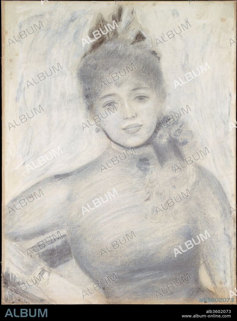 Portrait of Séverine. Artist: Auguste Renoir (French, Limoges 1841-1919 Cagnes-sur-Mer). Dimensions: 23 1/2 x 18 1/4 in.  (59.7 x 46.4 cm). Date: 1885-87.
Caroline Rémy, known by her pen name "Séverine," was one of the first French women journalists and a passionate feminist and left-wing orator. Renoir drew her likeness on several occasions, here in charcoal over pastel and again in a pastel (National Gallery of Art, Washington, D.C.).