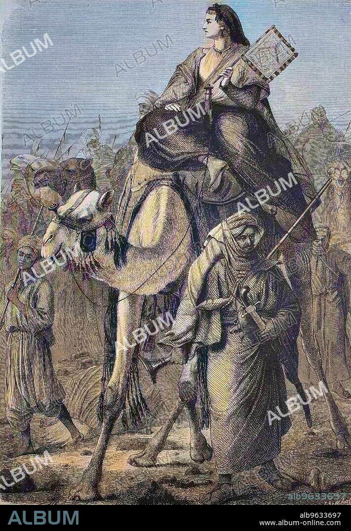 Alexandrine Tinne on the journey, Alexandrine Pieternella, Petronella, Fran?oise Tinn?, 1835 - 1869, a Dutch adventuress, African explorer and photographer, historic wood engraving, circa 1880, digitally restored reproduction of an original artwork from the 19th century, exact original date not known, colored.