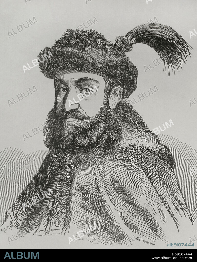AUGUSTE TRICHON (1814-1898). FRENCH ENGRAVER.. György Thurzó (1567-1616). Hungarian magnate and Palatine of Hungary from 1609 to 1616. As a young man he started a military and political career which he employed to fight against the Ottomans on several occasions. Portrait. Engraving by Trichon. "Los Heroes y las Grandezas de la Tierra" (The Heroes and the Grandeurs of the Earth). Volume VI. 1856.