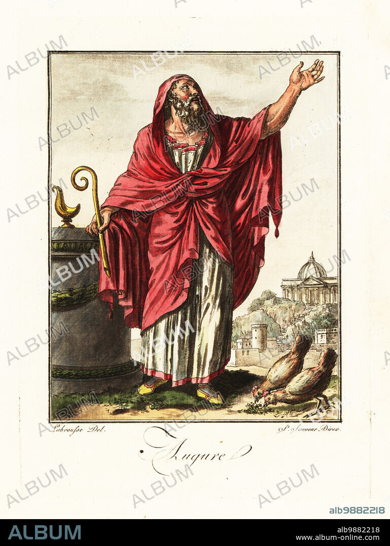 Augur, priest and official of ancient Rome. Performing an ex tripudiis ritual with Mars' sacred chickens. In crimson mantle over a toga, holding a lituus or curved wand in front of a sacrificial altar. Handcoloured copperplate drawn and engraved by L. Labrousse, artist of Bordeaux, under the direction of Jacques Grasset de Saint-Sauveur from his Lantique Rome, ou description historique et pittoresque, Ancient Rome, or historical and picturesque description, Chez Deroy, Paris, 1796.