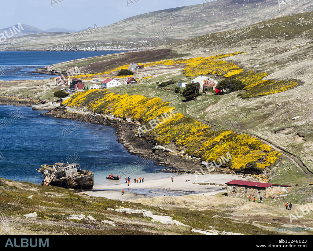 View of the Barnard Memorial Museum, front, and the Settlement in Coffin's Harbour, New Island, Falklands Islands, South America.
