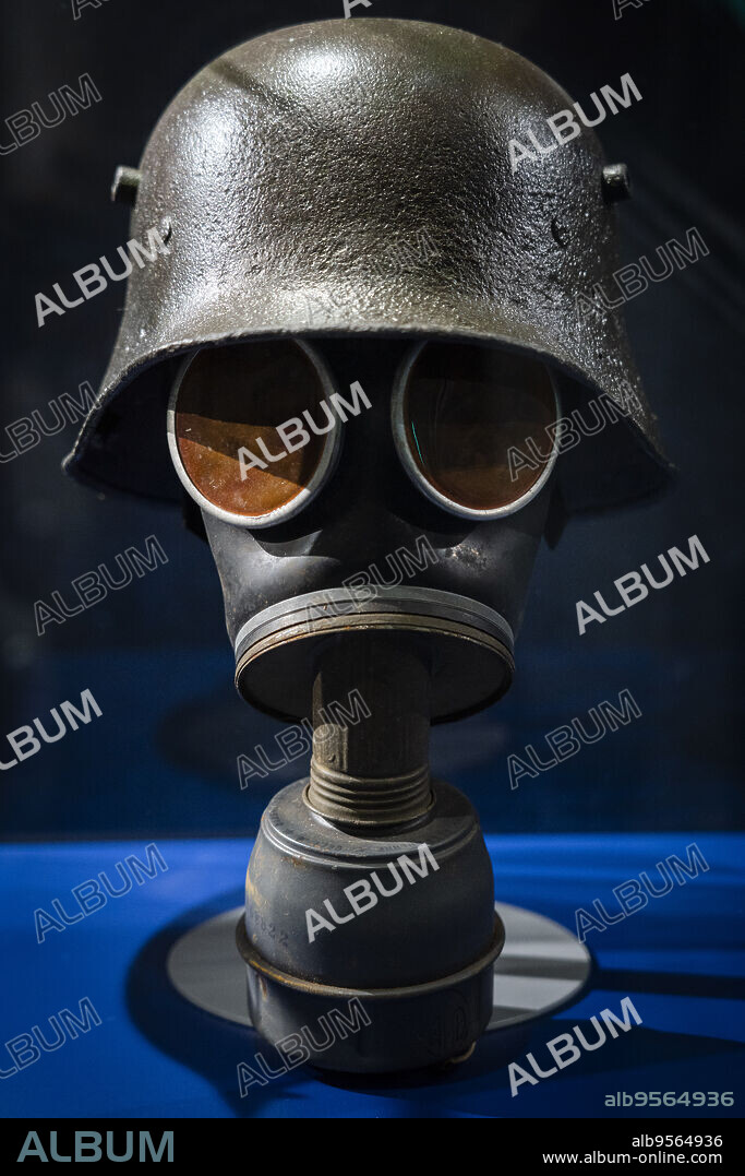 Stahlhelm helmet and gas mask, first world war, castle of Foix, 10th century, Foix, department of Ariège, Occitanie, Pyrenean mountain range, France.
