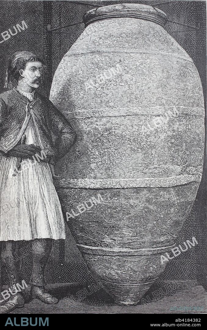 a Pithos. Pithos is the Greek name of a large storage container used among the civilizations that bordered the Mediterranean Sea in the Neolithic, the Bronze Age and the succeeding Iron Age, digital improved reproduction of an original print from the year 1895.