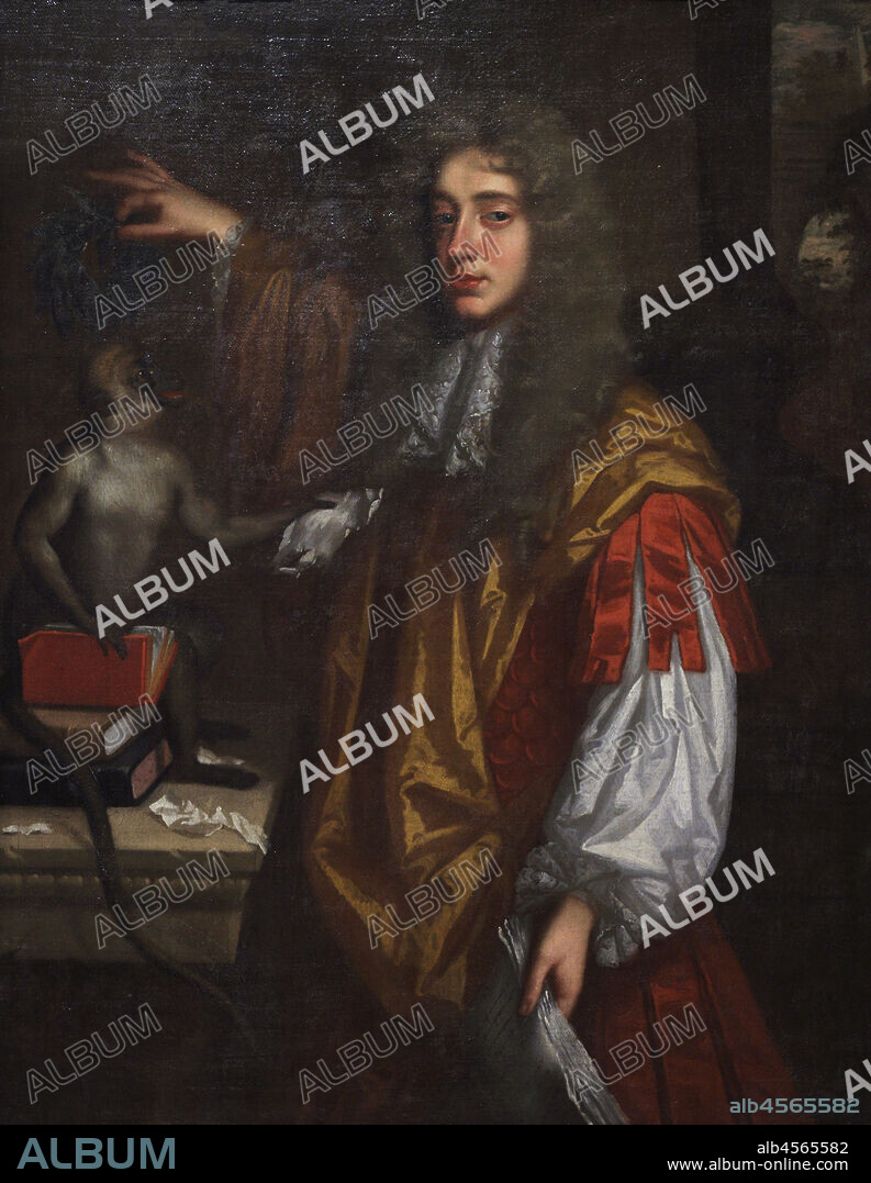 UNKNOWN ARTIST. John Wilmot, II Conde de Rochester (1647-1680). Poeta inglés. Retrato realizado por un artista desconocido que representa a Wilmot coronando con laurel a su mono, sobre una pila de libros, el mono le ofrece un papel con versos destrozados. Tono satírico. Óleo sobre lienzo (127 x 99,1 cm), h.1665-1670. National Portrait Gallery. Londres. Inglaterra.