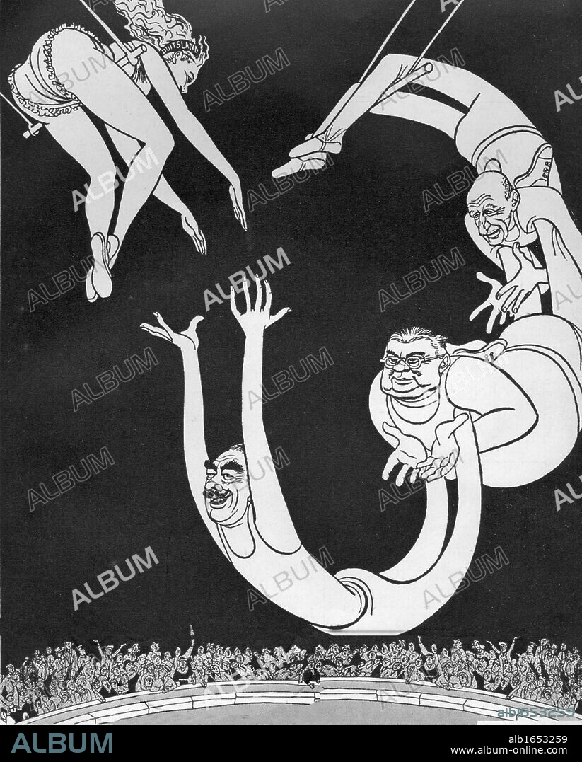 Cartoon depicting the Western powers France (Robert Schumann) UK (Ernest Bevin) and USA (Dean Acheson) courting Germany, 1949.