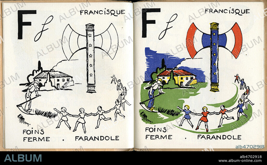 Francisque. Foins. Ferme. Farandole. Illustration de 1941 par Andree MANZIAT (20 s.) pour un alphabet a colorier du Marechal Philippe PETAIN. Credit : IM/Kharbine-Tapabor.