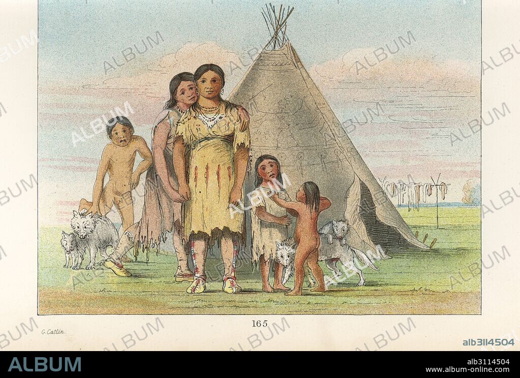 Wives and children of a chief outside their teepee in the Comanche village. Buffalo meat drying on poles behind. Handcoloured lithograph from George Catlin's Manners, Customs and Condition of the North American Indians, London, 1841.