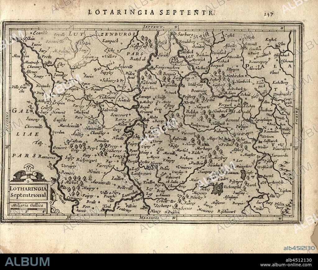 Lotharingia Septentrional., Map of the northern part of Lorraine in France, Fig. 52, p. 247, Gerhard Mercator, Jodocus Hondius, Jansson: Atlas minor Gerardi Mercatoris. Amsterodami: ex officina Ioannis Ianssonii, MDCXXXIIII [1634].