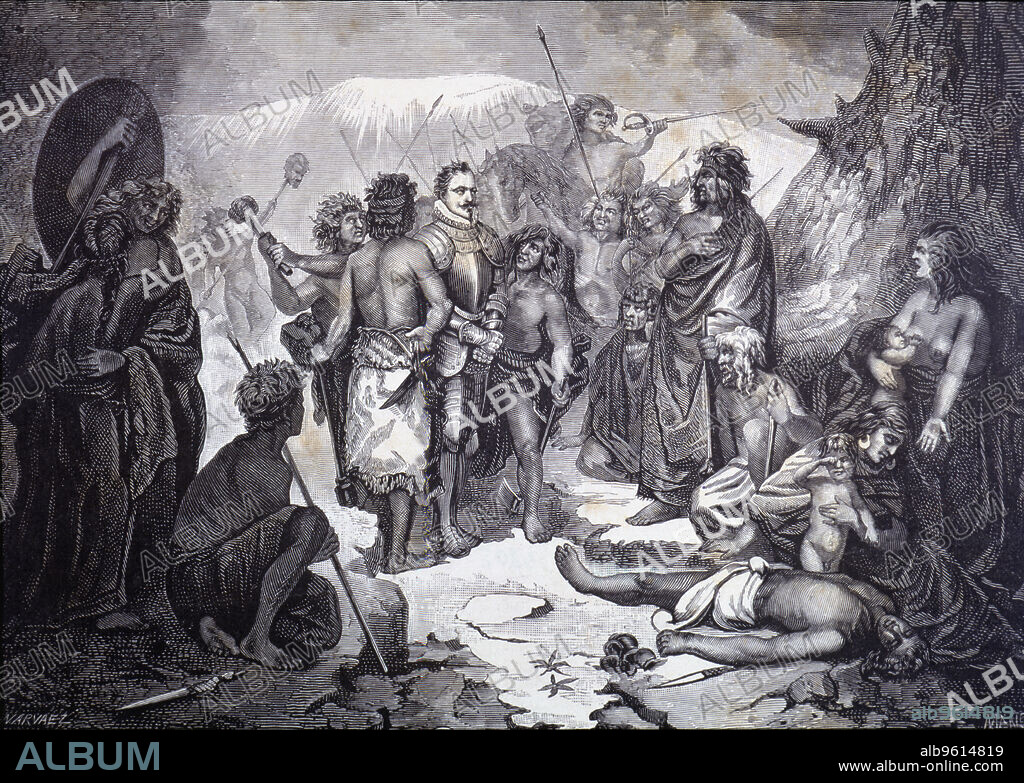 Conquest of America, last moments of the Spanish conqueror Pedro de Valdivia (1497 - 1553) after the battle in Tucapel, engraving from a painting by a Chilean painter.
