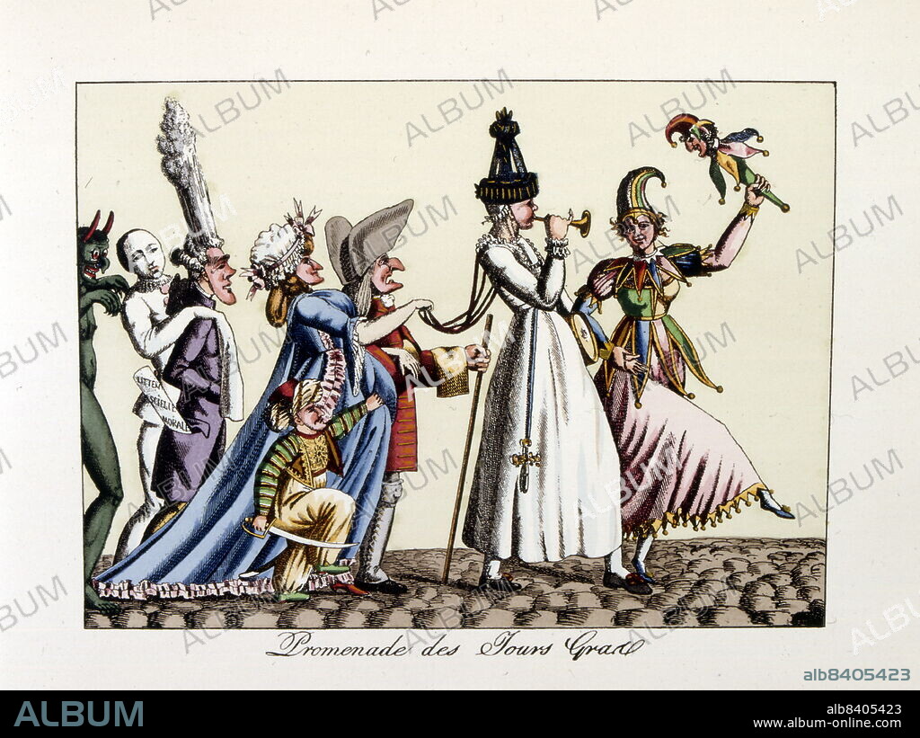Coloured illustration of a pagan procession for a street festival including the characters Punch, Jester and King, entitled "The promenade of the Grand Tour".