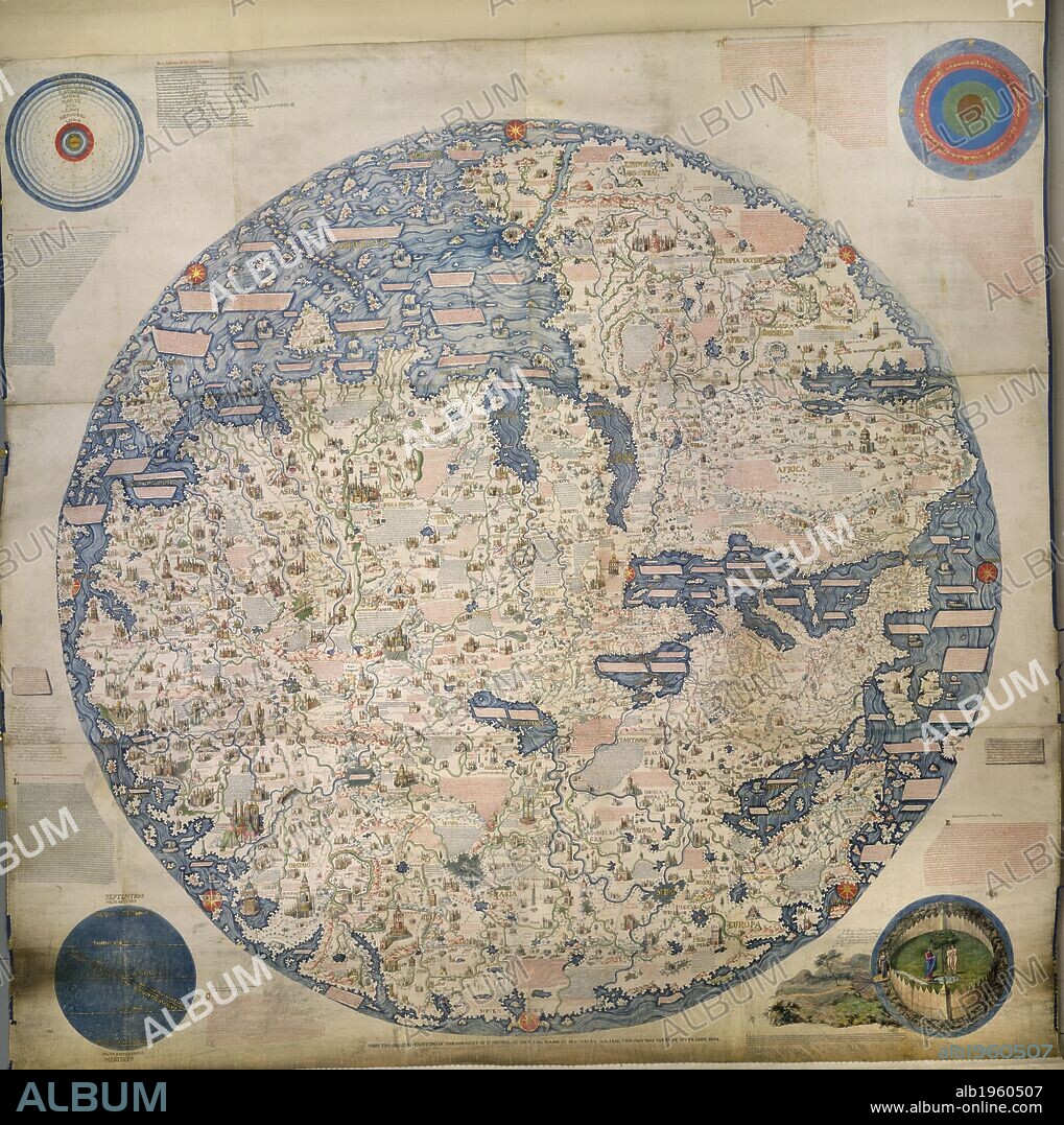 MAURO FRAU et WILLIAM FRAZER. Large Planisphere, or Mappa Mondo. Mappa Mondo. 1804. Original, 1459. Large Planisphere, or Mappa Mondo, compiled and drawn in the year 1459 by Fra. Mauro, a monk of the Order of Camaldoli. A coloured copy on vellum, about seven feet square, executed by William Frazer in 1804, from the original preserved in the monastery of S. Michael di Murano, at Venice. . Source: Add. 11267.