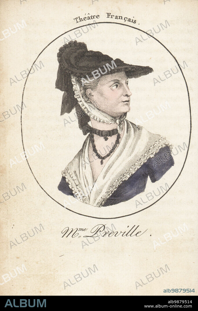 Madeleine Angélique Michelle Drouin, or Madame Préville, French stage actress who married the comic actor Preville, 17311798. Mme Preville. Theater Francais. Handcoloured stipple engraving after Jacques Grasset Saint-Sauveur from Acteurs et Actrices Celebres, Famous Actors and Actresses, Chez Latour Libraire, Paris, 1808.