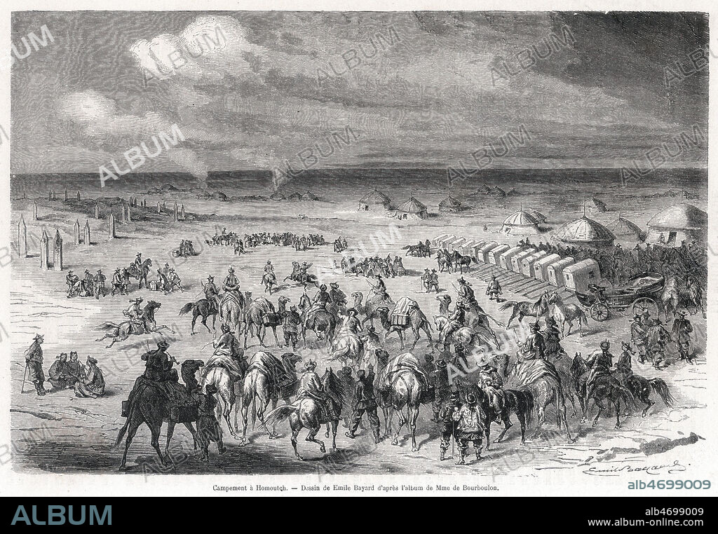 Campement de Homoutch. Illustration de Emile BAYARD (1837-1891) pour Relation de voyage de Shang-hai a Moscou par Achille POUSSIELGUE (1829-1869) repris dans Le Tour du Monde de 1864. Credit : Collection Kharbine-Tapabor.