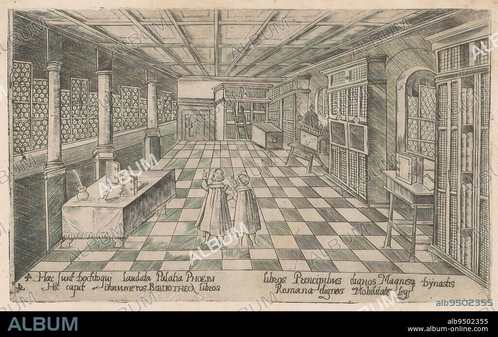 Library of the Collegium illustre at Tübingen, Collegium illustre at Tübingen (series title), Illustrissimi Wirtembergici ducalis novi collegiis (series title), Interior of the library of the Collegrium illustre at Tübingen. To the left of the window is a table with three books and an inkwell with quill. In the center of the room stand two men. With four-line caption in Latin., print maker: Ludwig Ditzinger, after design by: Johann Christoph Neyffer, c. 1600 - c. 1610, paper, engraving, etching, height 98 mm × width 162 mm.