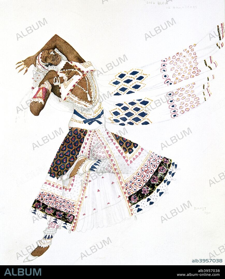 'Bayadere', costume design for a Ballets Russes production of Le Dieu Bleu (The Blue God), 1911. Story by Jean Cocteau and Frederigo de Madrazo, Music by Reynaldo Hahn. Published in L'Art Decoratif de Leon Bakst. (Paris, 1913). From a private collection.