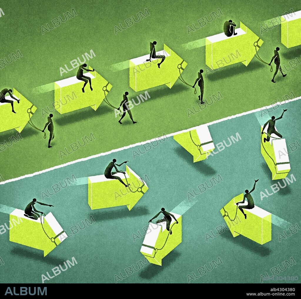 People riding arrows in orderly fashion, others riding in disorganized fashion.