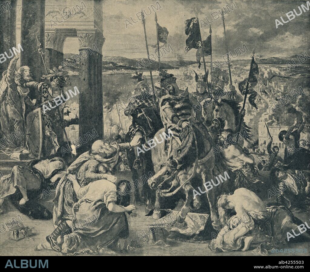 WF MANSELL. 'Crusaders Entering Constantinople', 1840, (1935). An episode of the Fourth Crusade, in which the Crusaders abandoned their plan to invade Muslim Egypt and Jerusalem, and instead sacked the Christian city of Constantinople in 1204. Photograph after 'Entry of the Crusaders in Constantinople', painting by Eugene Delacroix completed in 1840, in the Musée du Louvre, Paris. From "Modern Masterpieces", Part 1. [George Newnes Ltd, London, 1935].