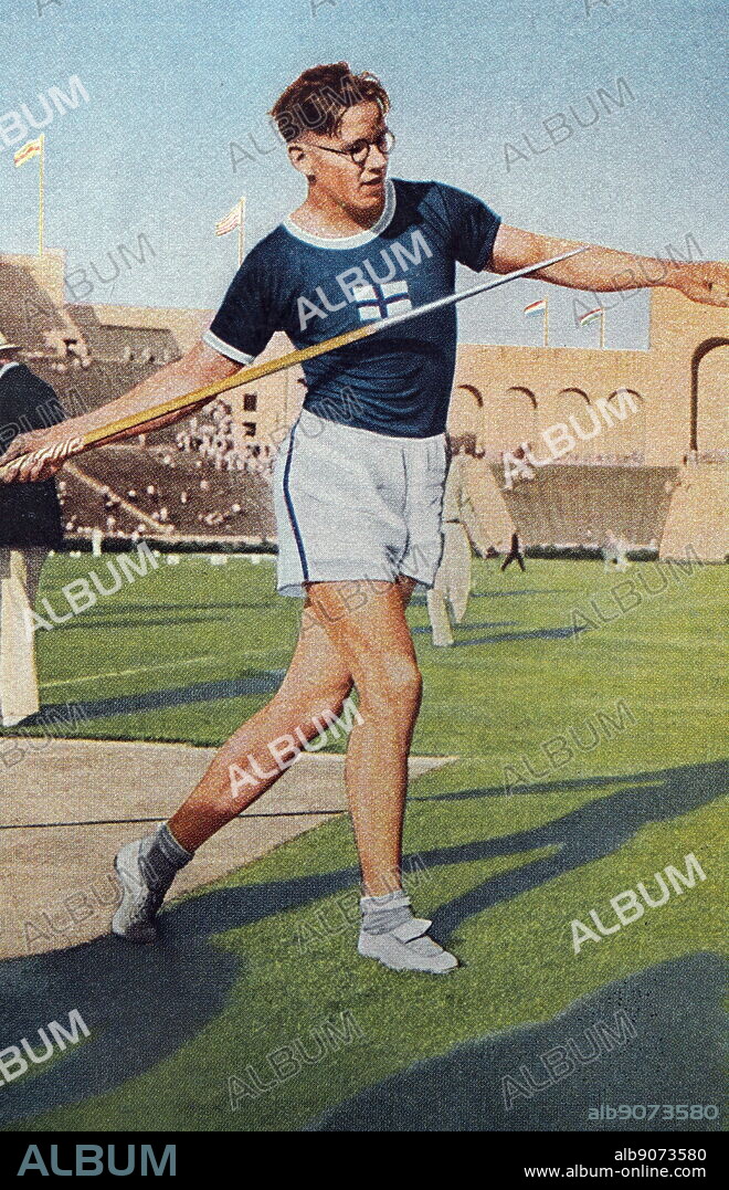 Photograph of Matti Jarvinen (1909 - 1985) competing in the Javelin throw during the 1932 Olympic games. From 1930 to 1936 Matti managed to break the javelin world record ten times in a row. He took gold easily in Los Angeles.