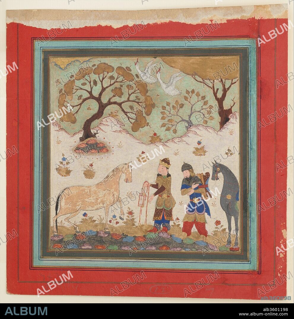 "Rustam Captures Rakhsh", Folio from a Shahnama (Book of Kings). Author: Abu'l Qasim Firdausi (935-1020). Dimensions: 7.25 in. high 7.62 in. wide (18.4 cm high 19.4 cm wide). Date: mid-15th century.
When he came of age, Zal promised his son, the hero Rustam, the pick of the wild horses that roamed Zabulistan and Kabulistan. Rustam chose a horse that was notoriously difficult to catch; for three years, it had resisted the attempts of the warriors who tried to tame him. Rustam, however, was able to capture the horse with his lasso and climb on its back.