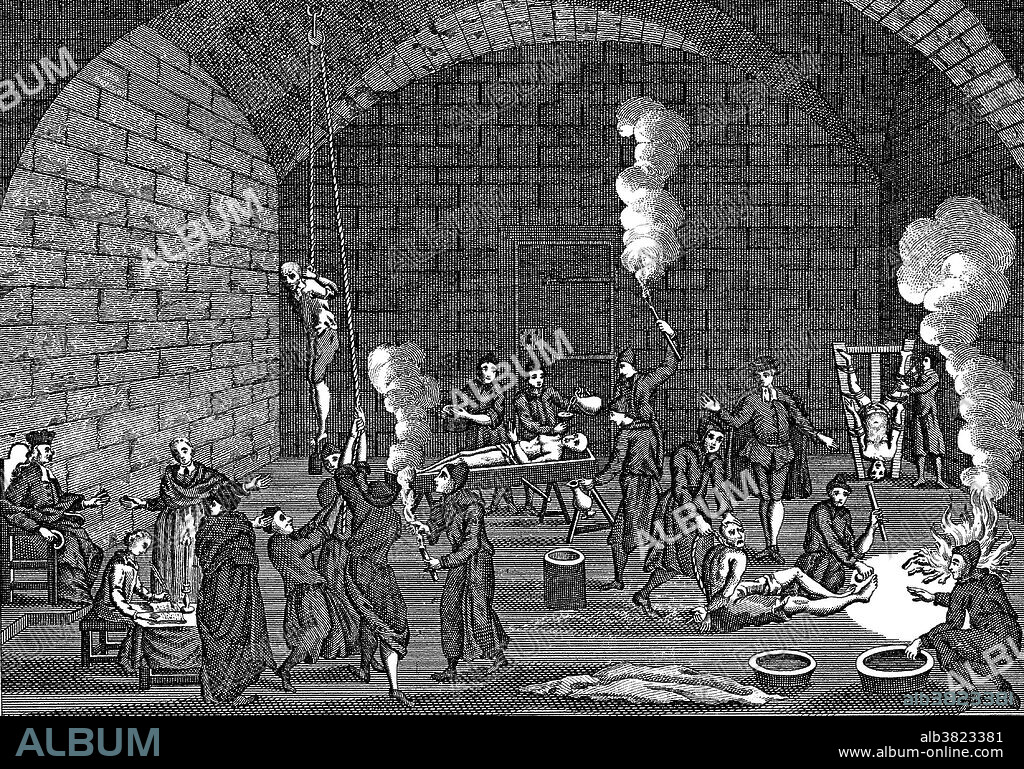 A torture chamber of the Inquisition. Priest supervising his scribe while men and women are suspended from pulleys, tortured on the rack or burnt with torches. The Inquisition was a group of institutions within the government system of the Catholic Church whose aim was to combat heresy. It started in 12th century France to combat religious sectarianism, in particular the Cathars and the Waldensians. During the Late Middle Ages and early Renaissance, the concept and scope of the Inquisition expanded in response to the Protestant Reformation and the Catholic Counter-Reformation, resulting in the Spanish Inquisition and Portuguese Inquisition. The Spanish and Portuguese inquisitions focused particularly on the issue of Jewish anusim and Muslim converts to Catholicism, partly because these minority groups were more numerous in Spain and Portugal than in many other parts of Europe, and partly because they were often considered suspect due to the assumption that they had secretly reverted to their previous religions. Except within the Papal States, the institution of the Inquisition was abolished in the early 19th century.