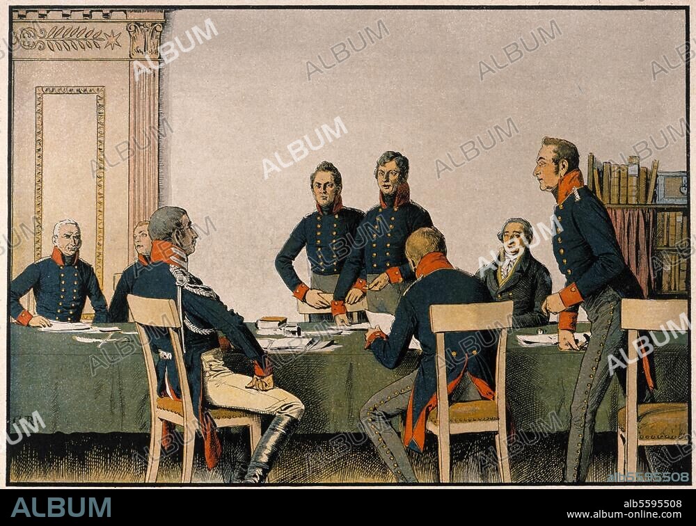 CARL ROECHLING. Reforms of Stein-Hardenberg in Prussia. 1807. / Appointment of a military organisation commission, 25 July 1807. "Meeting of the re-organisation commission in Königsberg". (f. lf. v. Boyen, Freder. Will. III, v. Gneisenau, v. Scharnhorst, v. Grolmann, v. Stein). Chromotype by Carl Röchling (1855-1920). From: Die Königin Luise, Berlin 1896.