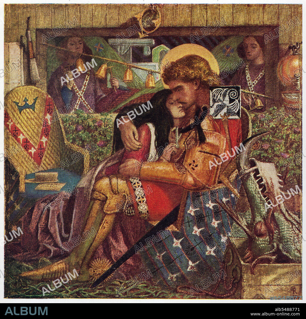 DANTE GABRIEL ROSSETTI. The Wedding of St George and the Princess Sabra, 1857. Sabra threads a lock of her hair through St George's helmet; in the corner is the severed head of the dragon he has just killed to rescue her. Jane Burden was the model for Sabra. Painting in the collection of the Tate Gallery, London. From "Pre-Raphaelite Painters" by Robin Ironside, with a descriptive catalogue by John Gere. [The Phaidon Press Ltd, London, 1948].