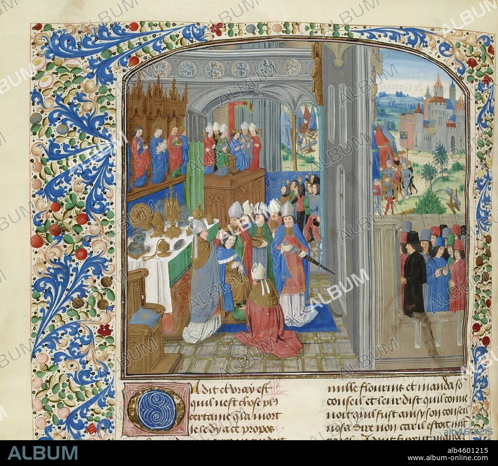 ANONYMOUS. Coronation of Charles III of Navarre in Pamplona (Miniature from the Grandes Chroniques de France by Jean Froissart).