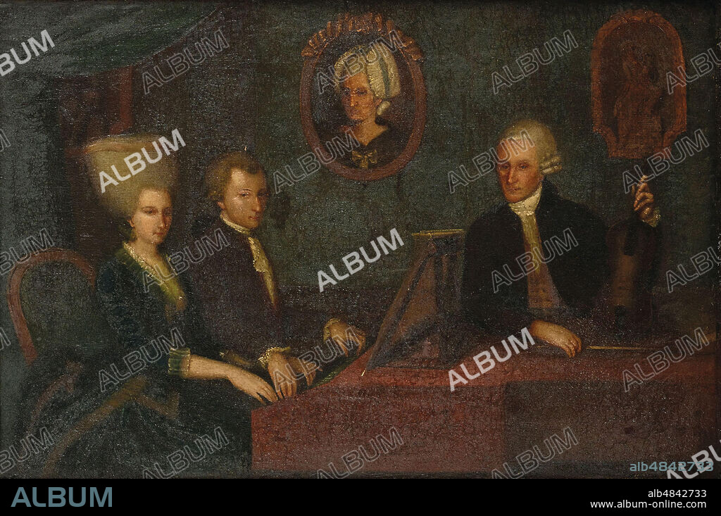 ANONYMOUS. Wolfgang Amadeus Mozart with sister Maria Anna and father Leopold, on the wall a portrait of the deceased mother, Anna Maria.