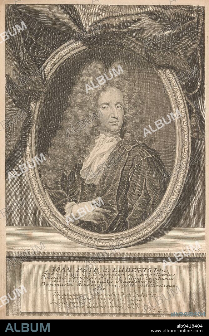 Portrait of Johann Peter von Ludewig, Martin Bernigeroth, after Georg Balthasar von Sand, 1720, print maker: Martin Bernigeroth, (mentioned on object), after: Georg Balthasar von Sand, (mentioned on object), Heinrich Ludwig Gude, (mentioned on object), Leipzig, 1720, paper, engraving, h 313 mm × w 200 mm.