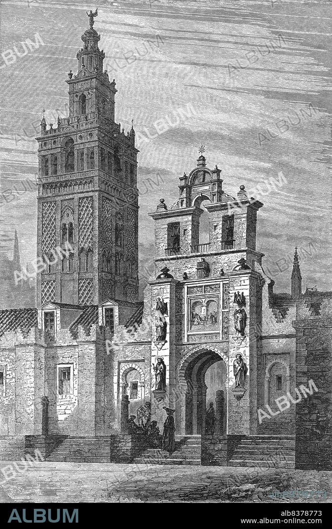 GUSTAVE DORÉ. 'La Giralda at Seville; An Autumn Tour in Andalusia', 1875. [Tower originally built as a minaret; a Renaissance-style belfry was added later. The Giralda became part of Seville Cathedral, southern Spain]. From, 'Illustrated Travels' by H.W. Bates. [Cassell, Petter, and Galpin, c1880, London] Belle Sauvage Works.London E.C.