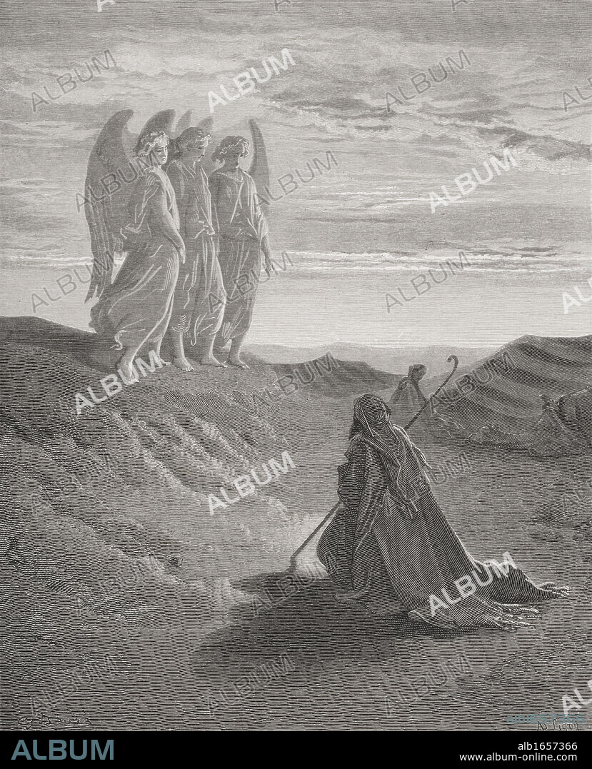 Engraving from The Dore Bible illustrating Genesis xviii 1 to 8 Abraham and the Three Angels by Gustave Dore 1832-1883 French artist and illustrator.