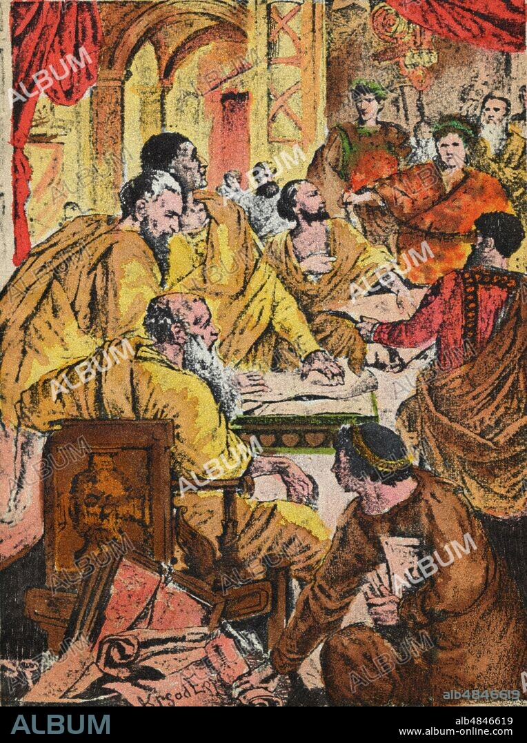 CONCILIATE OF NICEA (Iznik) held in 325 by the will of Emperor Constantine I. The first ecumenical council of Christianity, attended by 300 bishops from all over the world, established the rule for the identification of the day of Easter, sanctioned the heretical nature of the doctrines of Ario and Melezio, promulgated the profession of faith of the Nicene Symbol and attributed to the Pope all temporal powers. Popular illustration, 19th century.