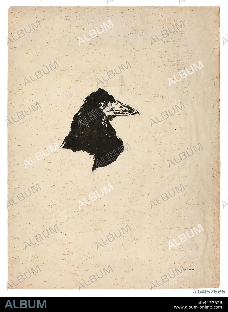 EDOUARD MANET. Head of a Raven in Profile, from The Raven (Le Corbeau). Édouard Manet (French, 1832-1883); written by Edgar Allan Poe (American, 1809-1849); translated and produced by Stéphane Mallarmé (French, 1842-1898); printed by Lefman et Cie. (French, 19th century); published by Richard Lesclide (French, 1825-1892). Date: 1875. Dimensions: 163 × 159 mm (image); 550 × 412 mm (sheet folded). Transfer lithograph in black on tan simili-parchment paper. Origin: France.