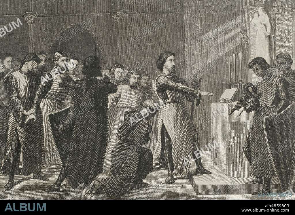 Juramento del rey Jaime I de Aragón ante la Virgen de El Puig de Santa María para conquistar el reino de taifa de Valencia. Ilustración por Cava. Grabado por Roca. Historia de Cataluña y de la Corona de Aragón, por Victor Balaguer. Tomo II. Barcelona,1861.