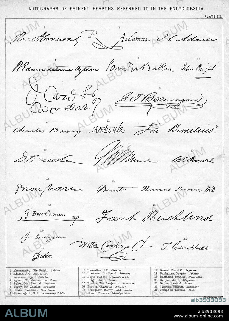 'Autographs of Eminent Persons', 19th century. Signatures of famous Britons from an encyclopaedia: Sir Ralph Abercromby, soldier; J C Adams, astronomer; Roger Ascham, scholar; W Edmonstone Aytoun, poet; Sir Samuel Baker, explorer; Sir Charles Barry, architect; Cardinal Beaton, churchman; G T Beauregard, American soldier; J P Berzelius, chemist; Sir David Brewster, scientist; Robert Boyle, philanthropist; John Bright, orator; Sir Benjamin Brodie, physician; Charlotte Brontosaurus, novelist; Lord Henry Brougham, orator; Thomas Brown, metaphysician; Isambard Kingdom Brunel, engineer; George Buchanan, scholar; Francis Buckland, naturalist; John Bunyan, allegorist; Samuel Butler, satirist; William Camden, antiquary; Thomas Campbell, poet.